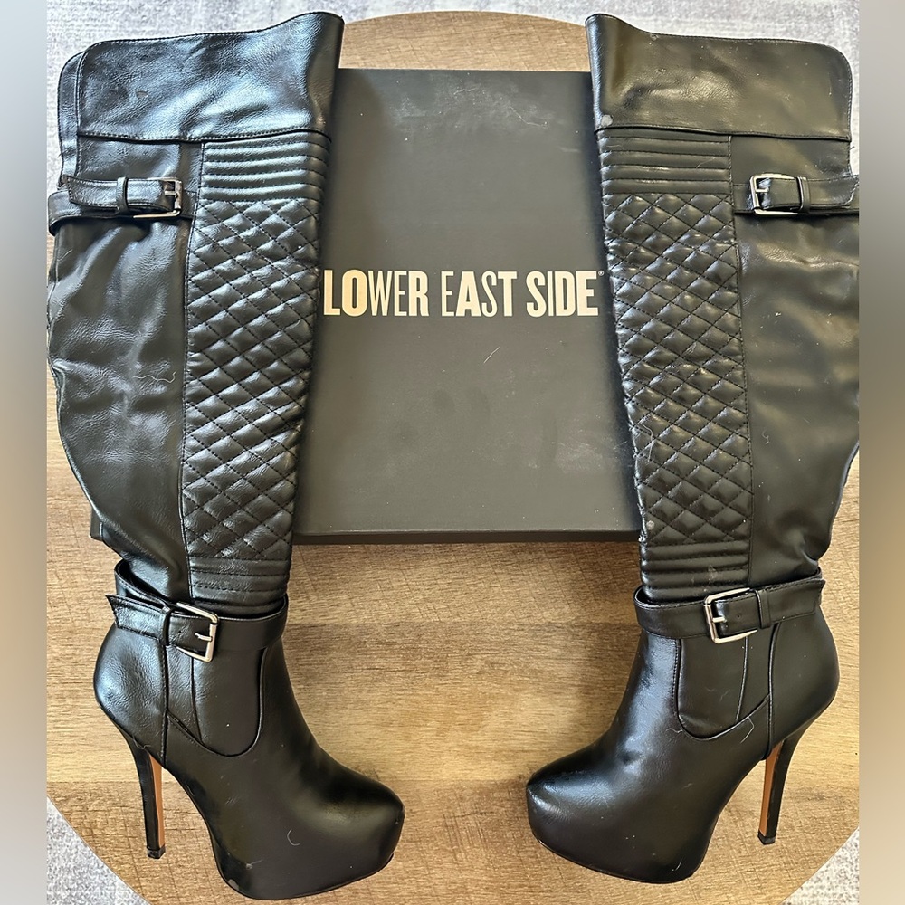 LOWER EAST SIDE Black Over the Knee Boots with Quilted Pattern